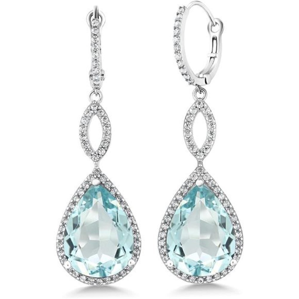 20.0 Ct Tw Sterling Silver 925 Aquamarine Bridal Chandelier Teardrop Earrings